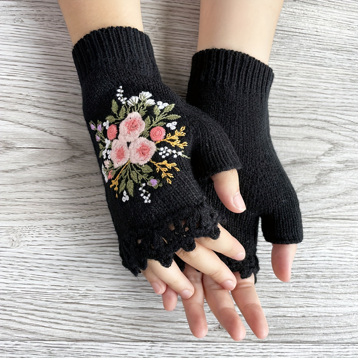 Women's Touchscreen Gloves with Retro Floral Knitted Embroidery and Hook Edge Detail