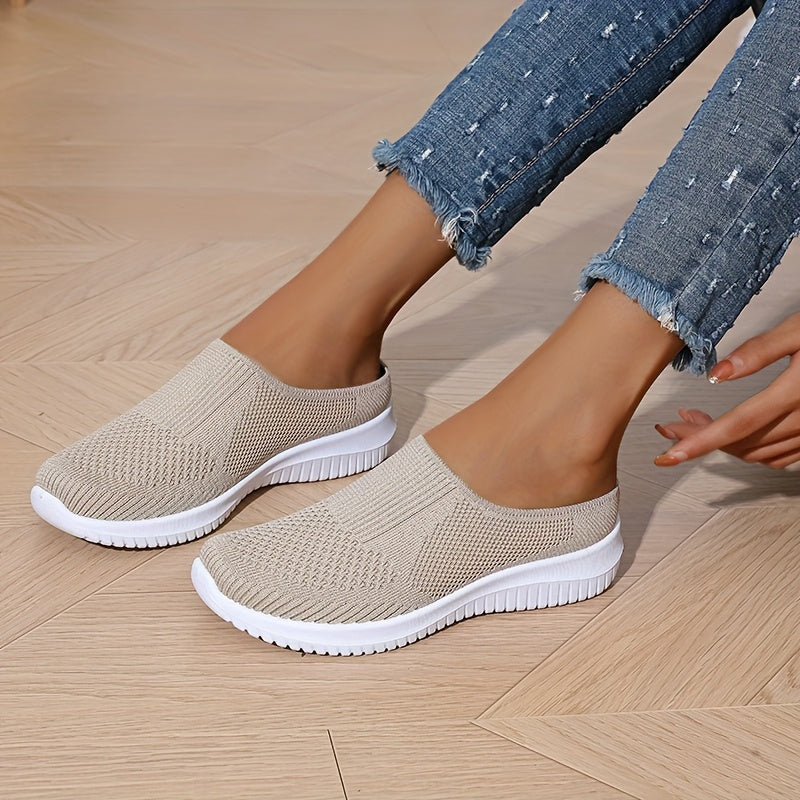 Women's Breathable Knit Mules - Slip-On Casual Shoes, Flat Shoes for Outdoor and All-Season Wear