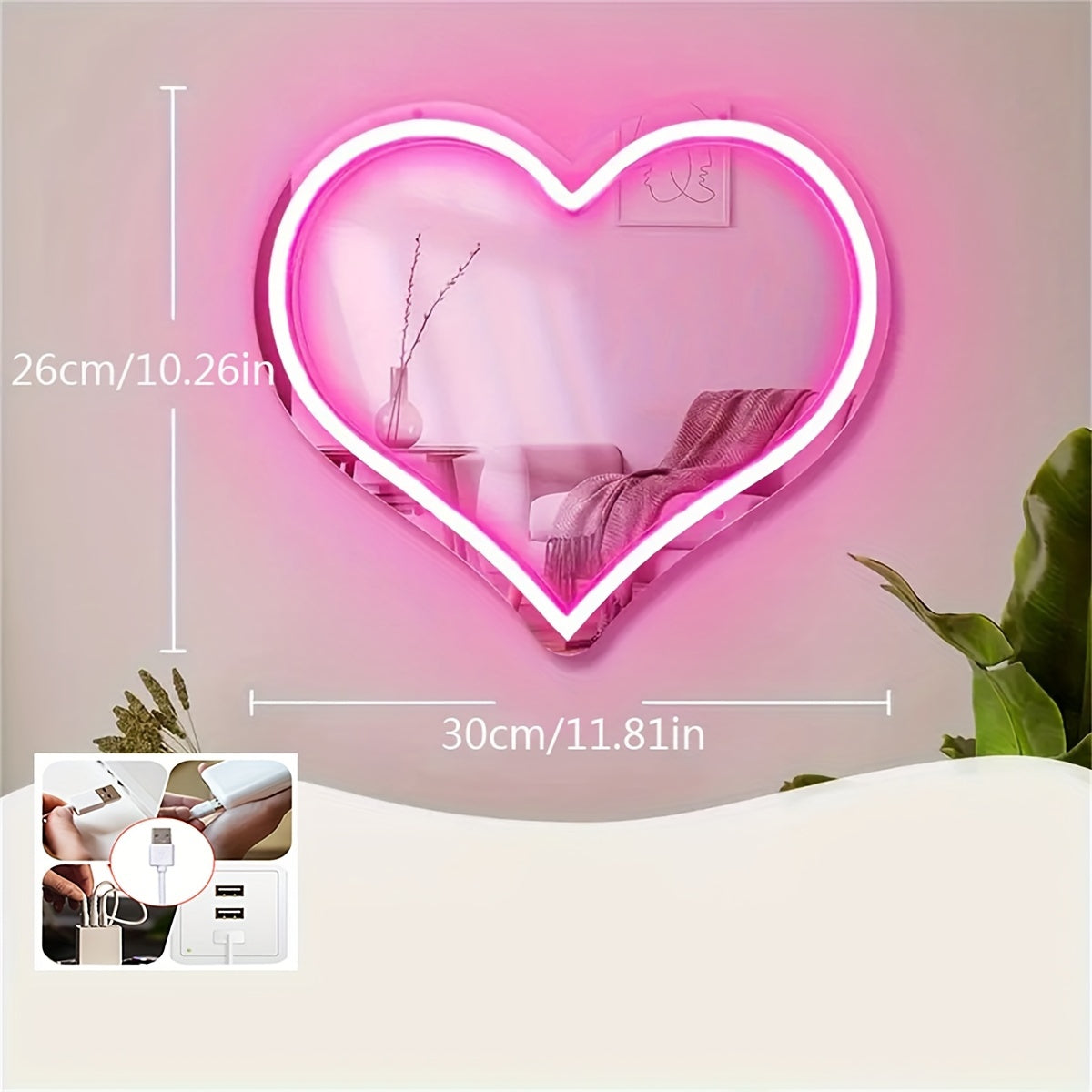 Pink Heart Neon Wall Decor USB-Powered Mirror with Switch Control
