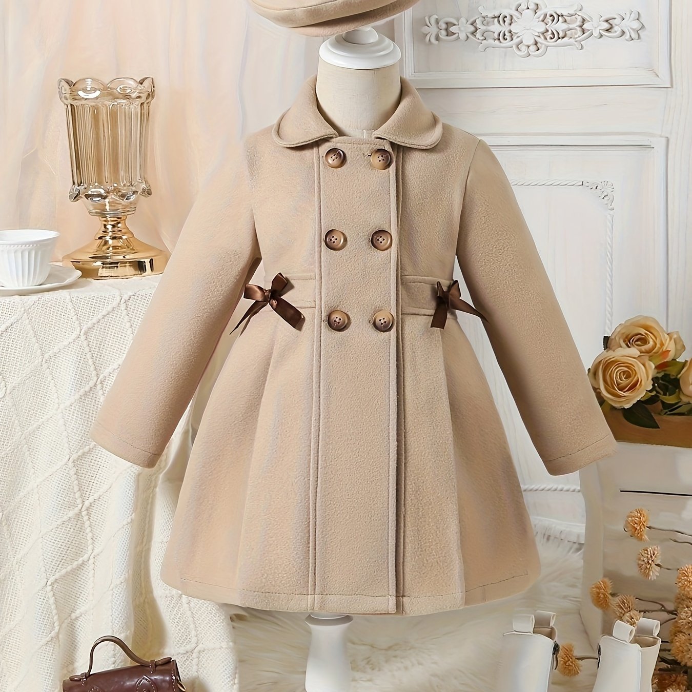 Girls Casual Polyester Trench Coat with Lapel Collar Double-Breasted Bow and Hat