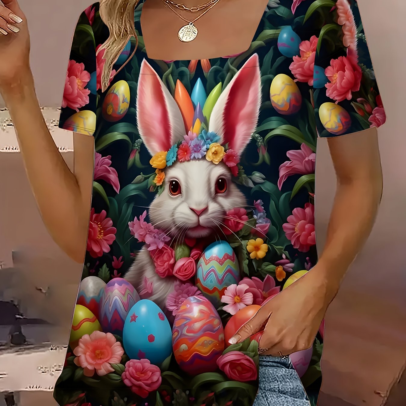 Plus Size Women's Graphic T-Shirt Easter Bunny Floral Spring Casual Short Sleeve