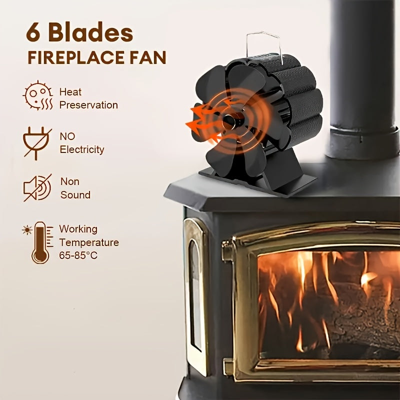 Black 6-Blade Metal Fireplace Fan for Wood Stoves and Outdoor Heating