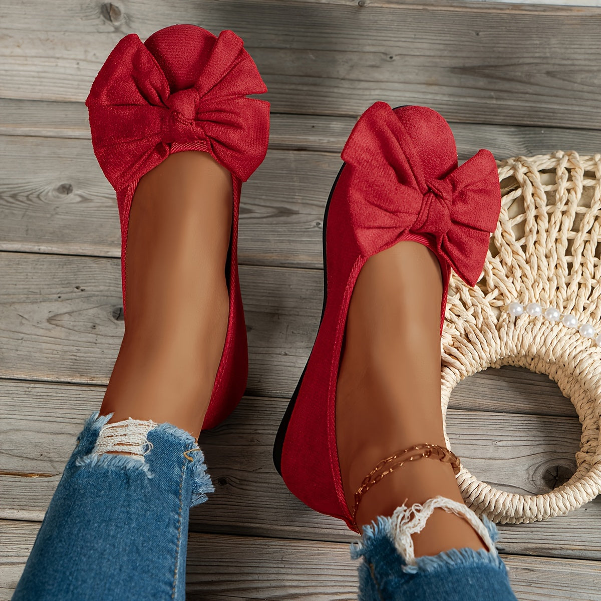 Women's Flannel Bow-Knot Flats Comfortable Slip-On Round Toe Shoes