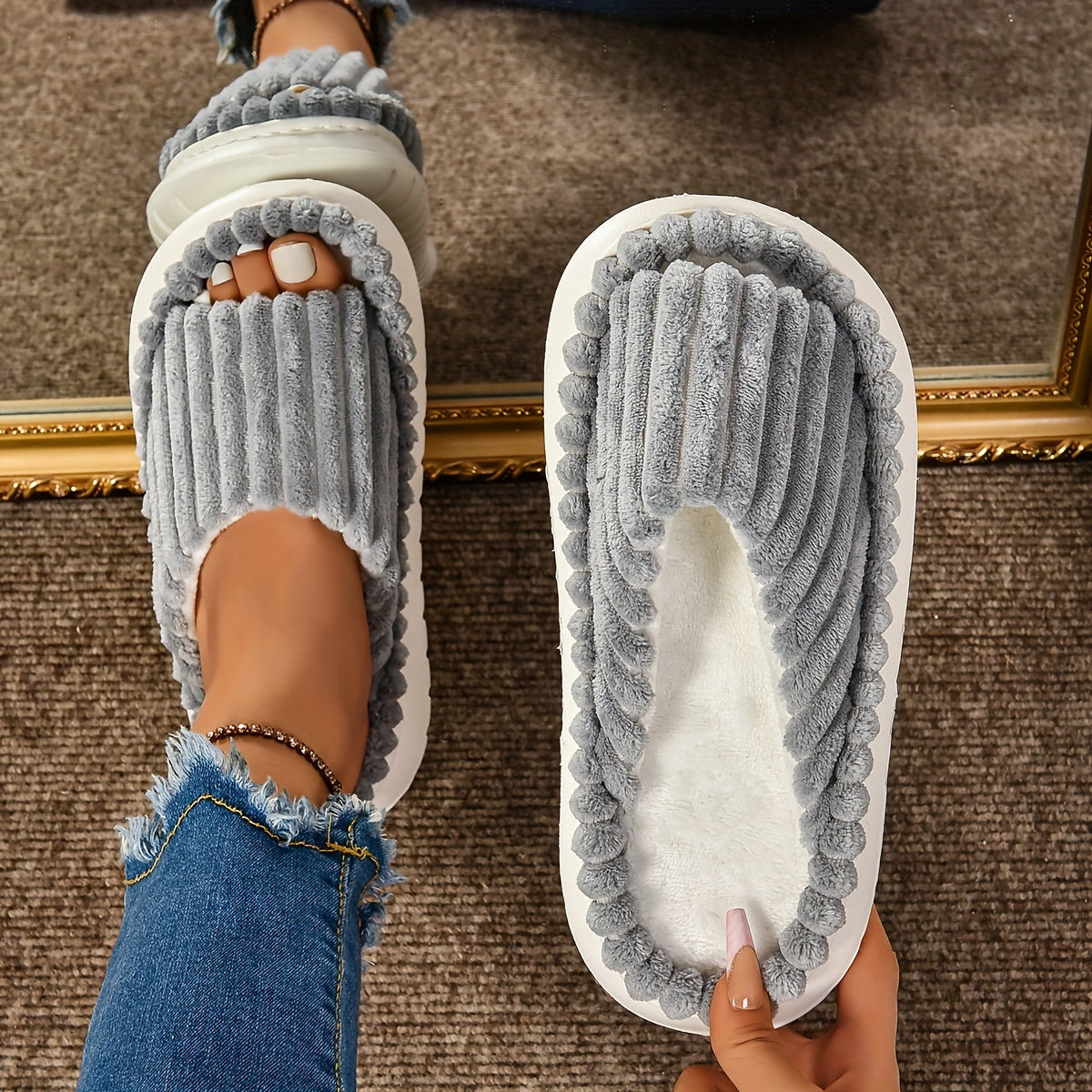 Women's Plush Half Toe Cap Slippers Warm Indoor Non-Slip EVA Sole