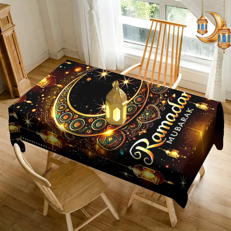 Elegant Ramadan Mubarak Square Polyester Tablecloth with Ethnic Moon Print for Eid Celebrations and Home Decor