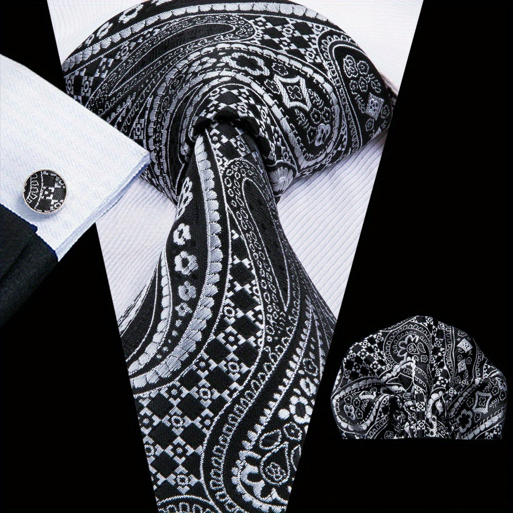 Men's Jacquard Woven Black Tie Set with Cufflinks and Hanky for Weddings and Business
