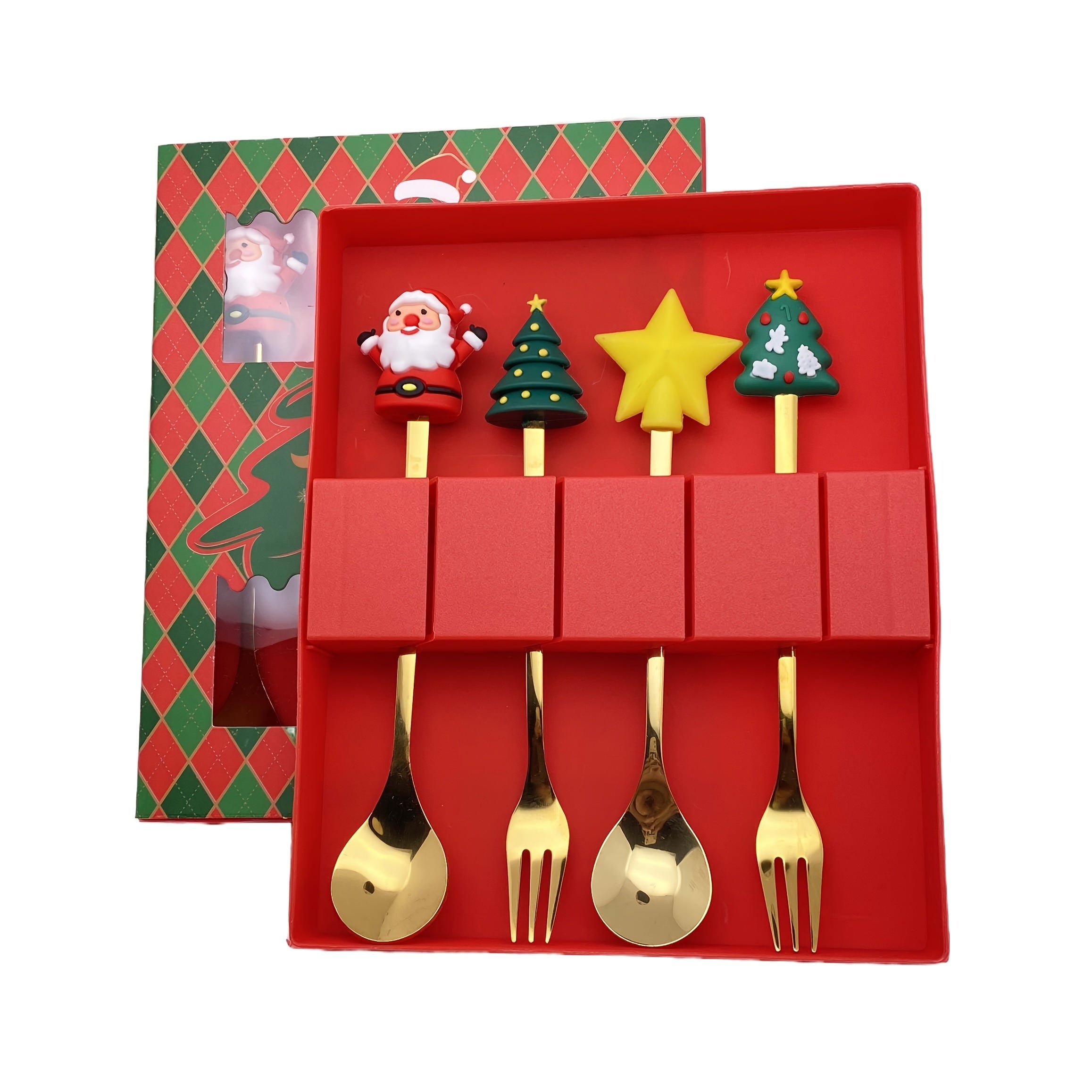 Christmas Themed Stainless Steel Cutlery Set 4 or 6 Pieces Gift Box for Desserts and Coffee