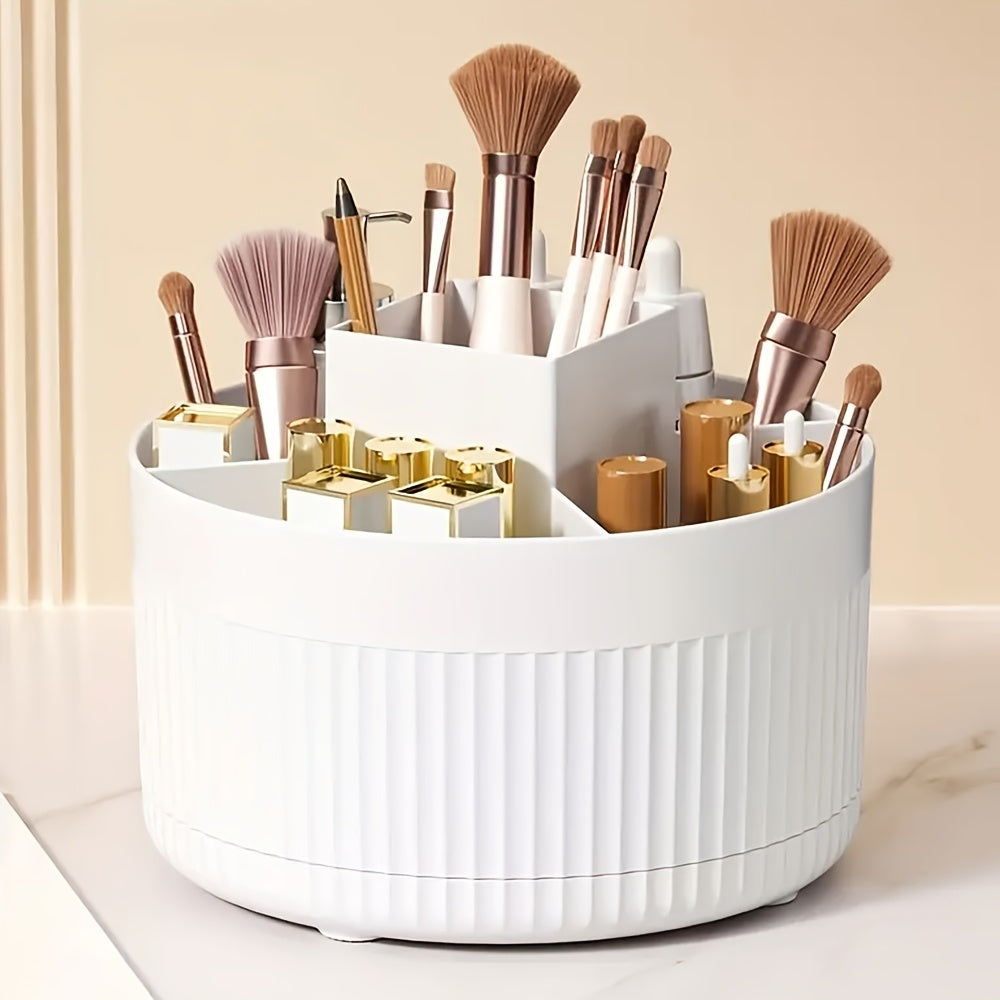 360° Rotating Makeup Organizer with 5 Compartments Plastic Storage Box for Brushes Lipsticks and Skincare