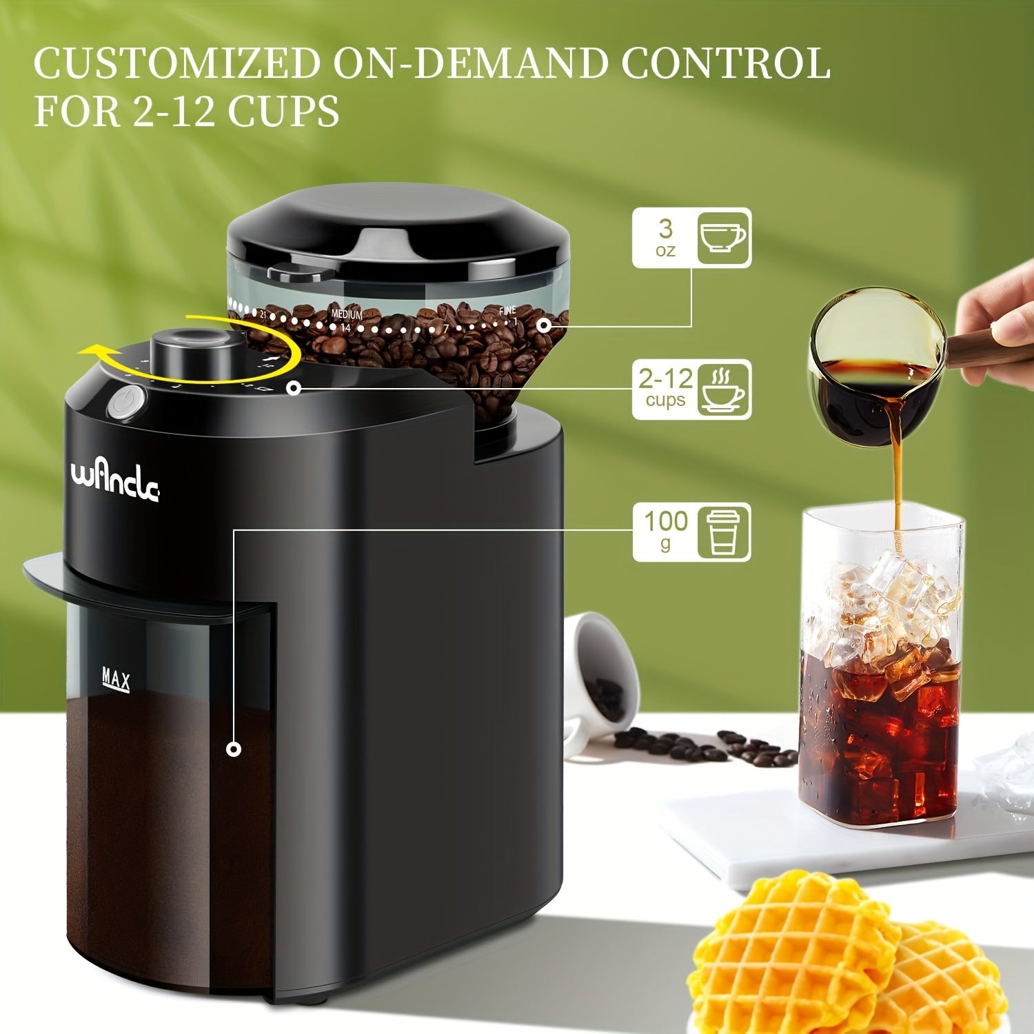 Electric Coffee Bean Grinder with 28 Adjustable Settings for 12 Cups