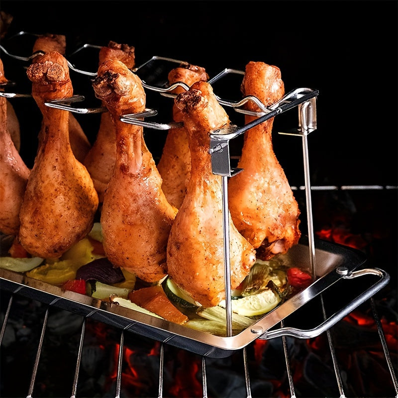 Vertical Stainless Steel Chicken Rack Foldable Stand for BBQ Oven Camping