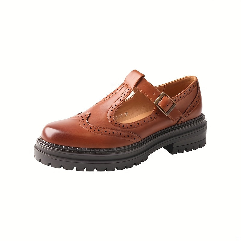 Men Brown Leather Brogue Oxford Shoes Casual Loafers with Buckle