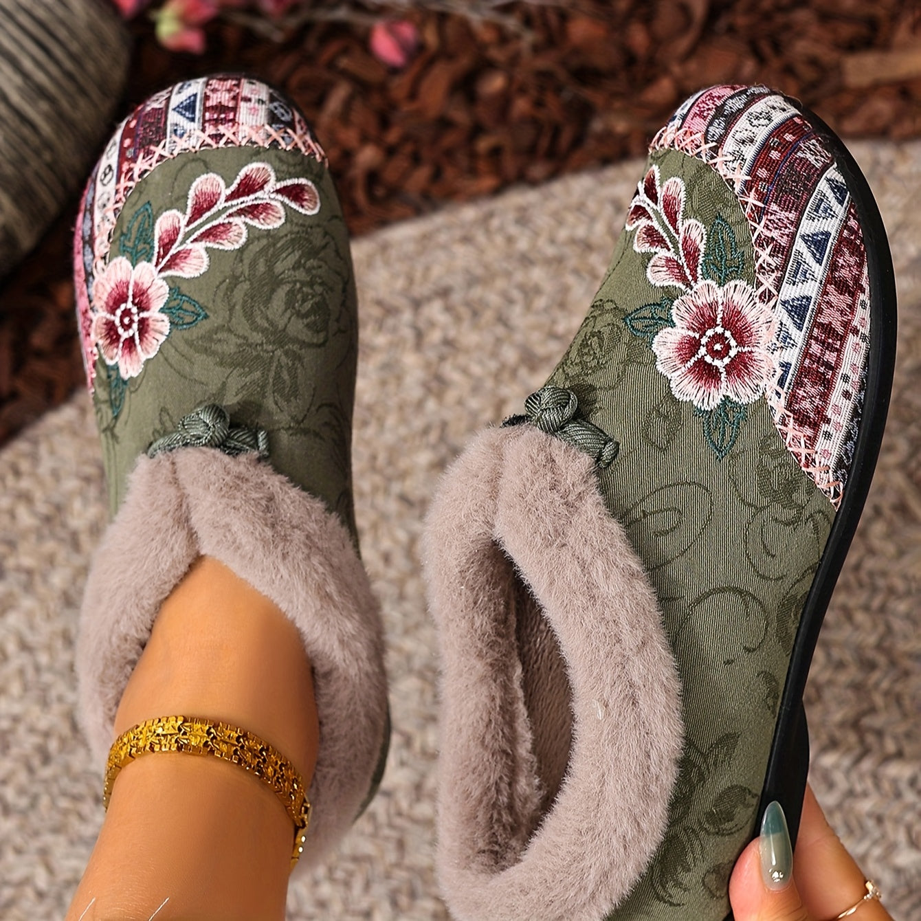 Women's Ankle Boots Winter Warm Anti-Slip Floral Short Shoes