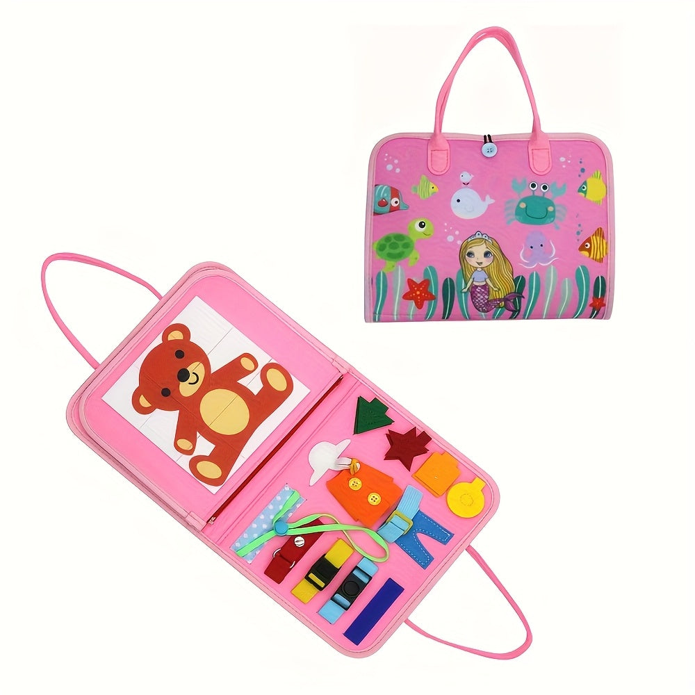 Interactive Felt Busy Board for Kids Educational Toy with Shoe Laces and Accessories Pink Blue