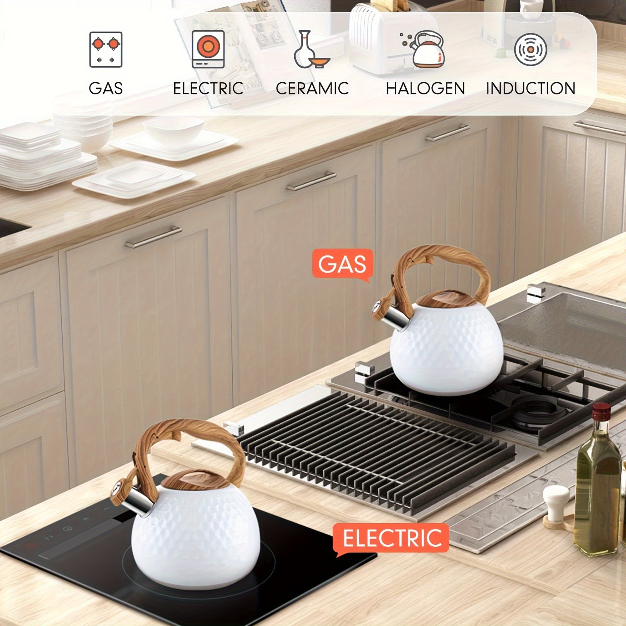 3 litrli Katta Hajmli Qaynoq Choy Qozoni - Mustahkam Paslanmaydigan Po'lat, Vaqtida Qaynoq Qaytish Funktsiyasi bilan, Yog'och naqshli Tutqichli Choynak va Qahva, Sut va Boshqalar uchun Baland Qaynoq.