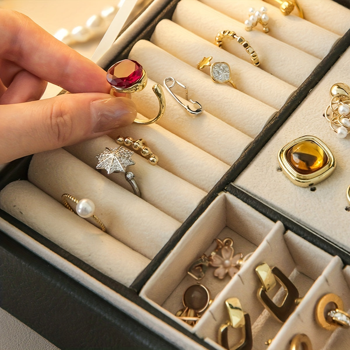 Leather Jewelry Box with Key Lock for Necklaces Earrings and Watches