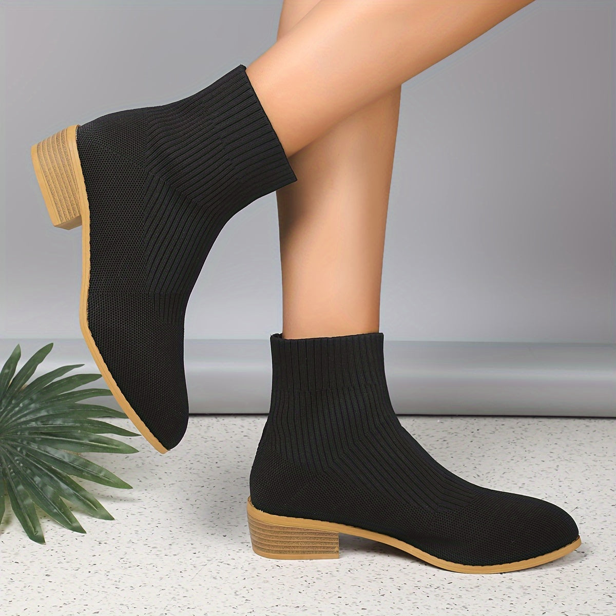 Women's Knit Boots Breathable Round Toe Chunky Heels Fall Sneakers