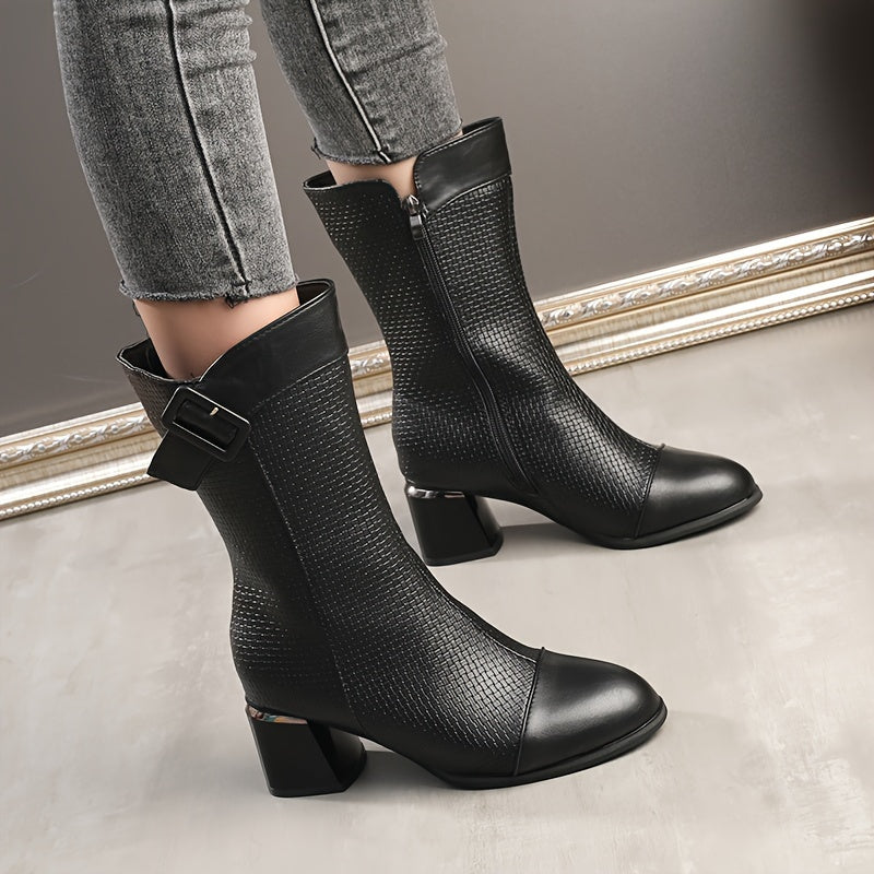 Women's Fleece-Lined Winter Mid-Calf Boots Slip-Resistant Hex Pattern Black