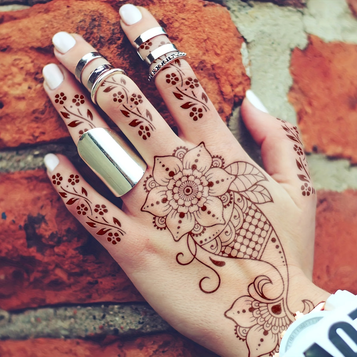 4-Pack Red Henna Lace Floral Pattern Temporary Tattoos for Hand and Body