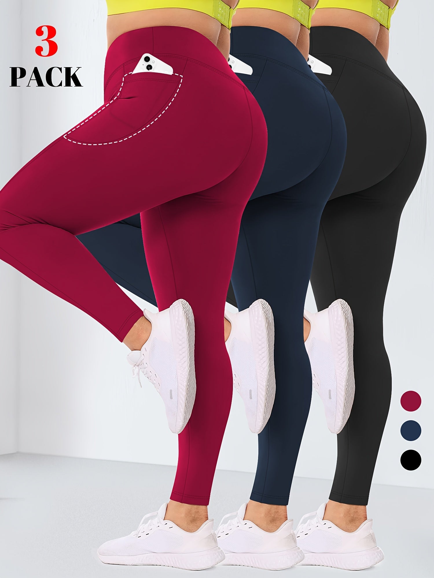 Women High Waist Tummy Control Yoga Leggings with Pockets Black 9/10 Length