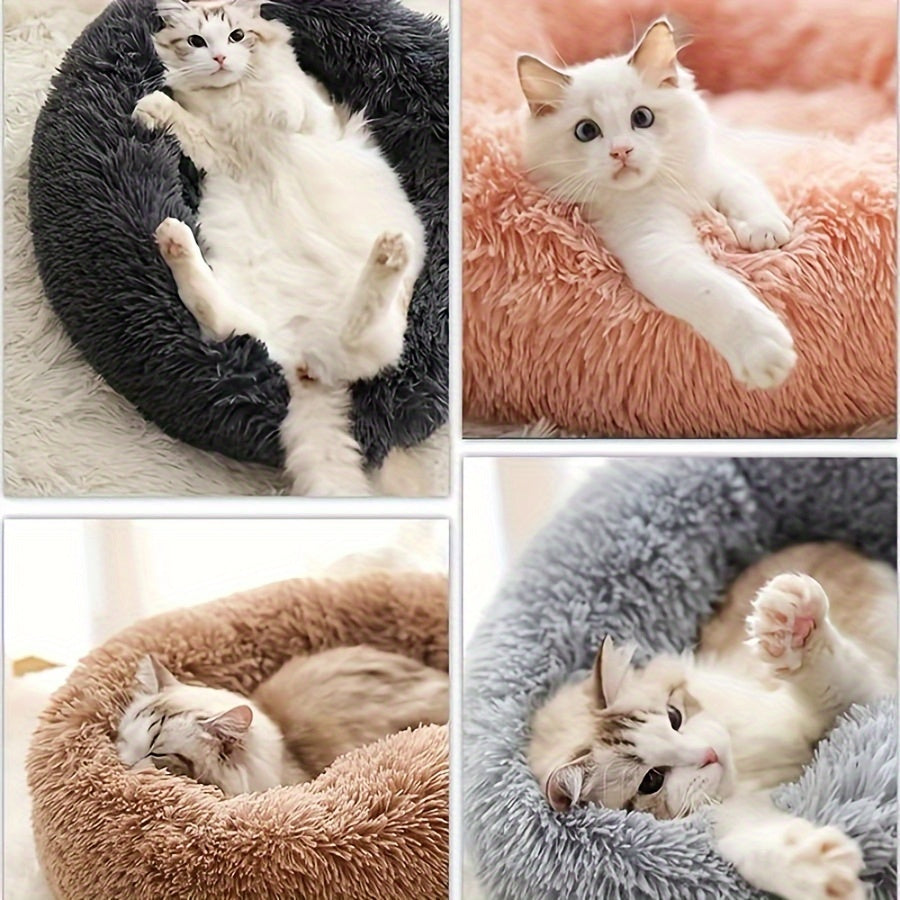 Round Plush Cat Bed for Small Dogs Non-Slip Bottom Warm Fill Striped Design