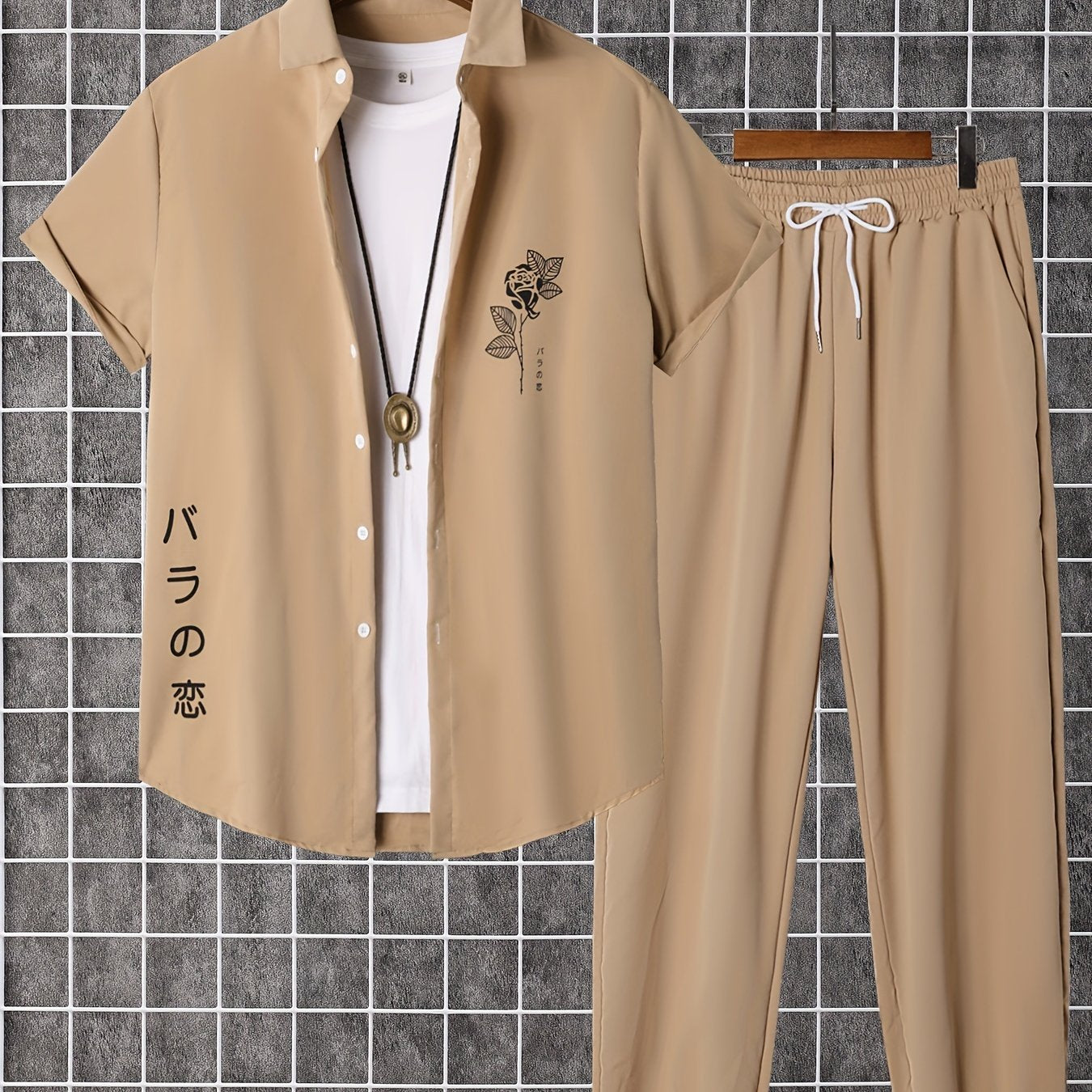 Мужской комплект из коротких рукавов с цветочным принтом и шортами, бежевый, полиэстер, повседневный летний