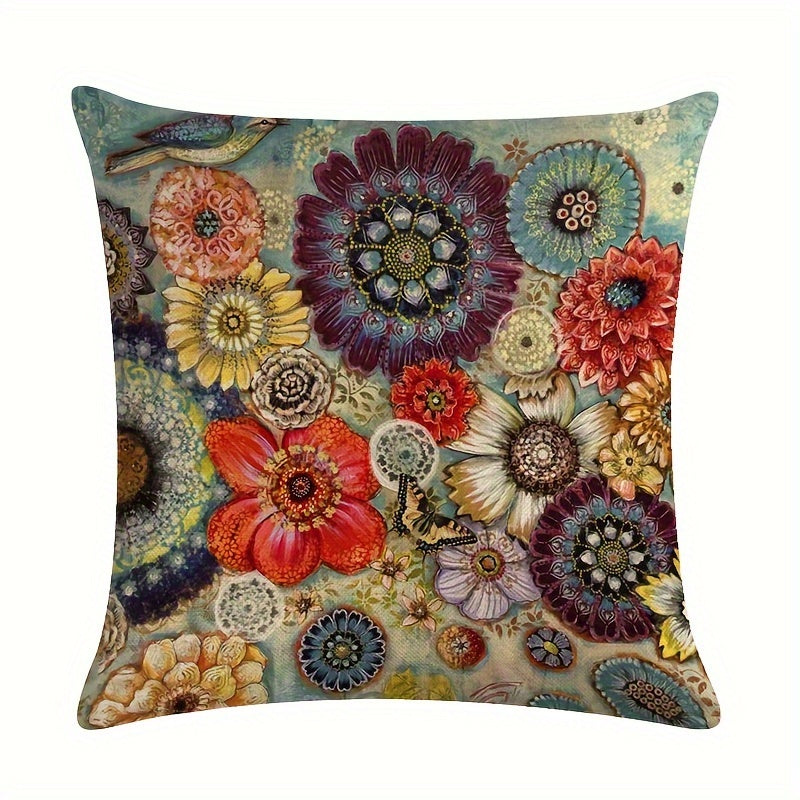 Linen Blend Throw Pillow Cover with Butterflies and Flowers 45.72cm Square