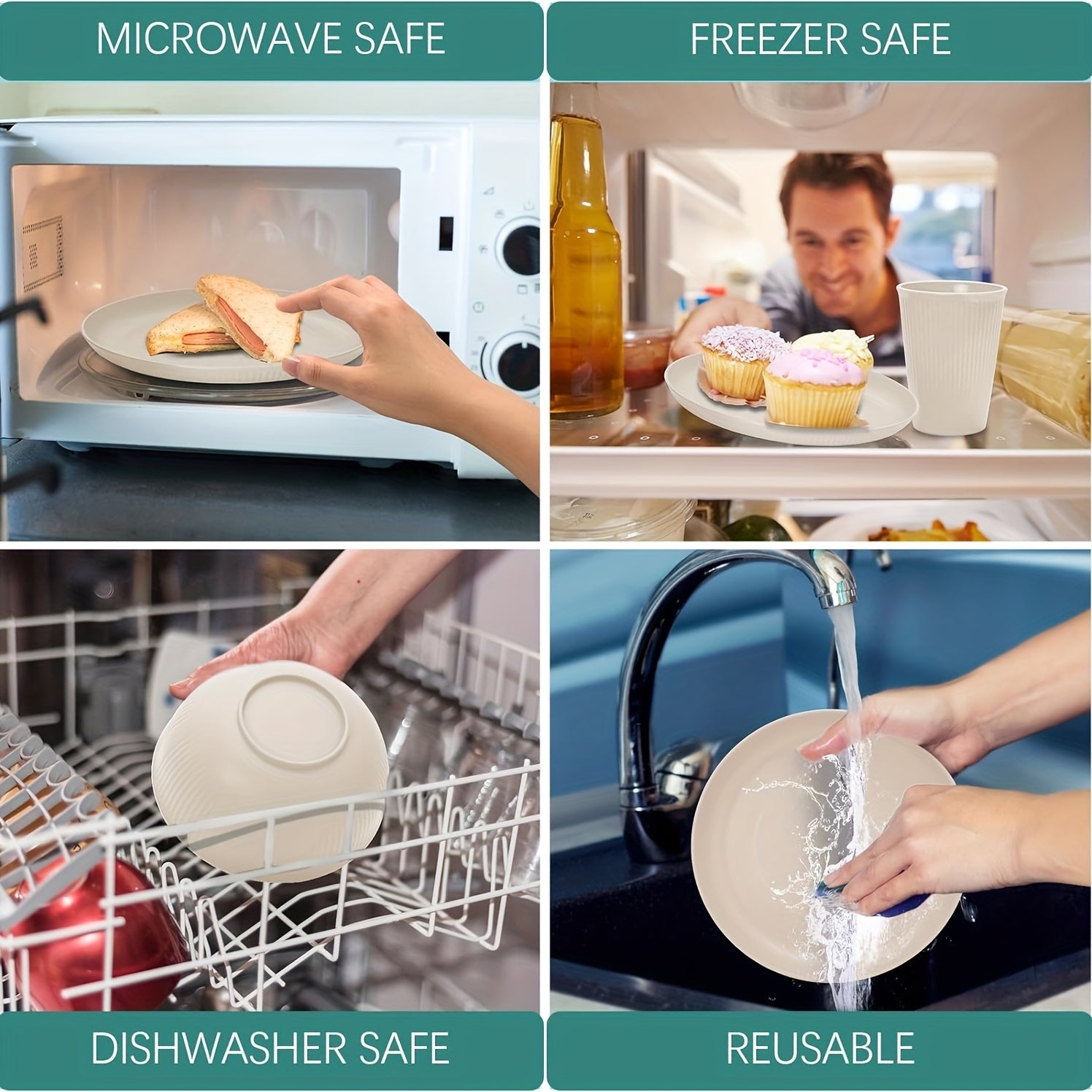 Juego de cubiertos de plástico irrompible de 18 piezas con platos, cuencos y tazas para acampar y en casa