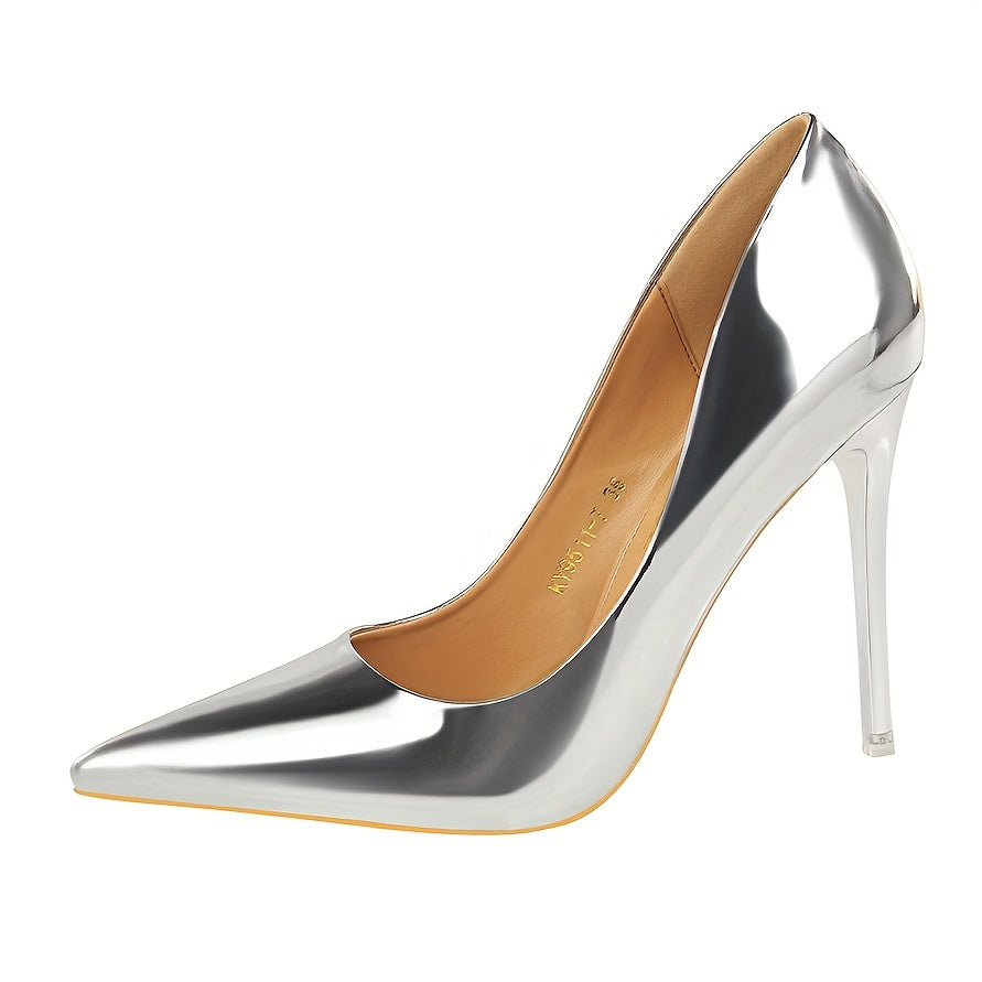 Women's Metallic Stiletto Heels with Pointed Toe and Transparent Strap
