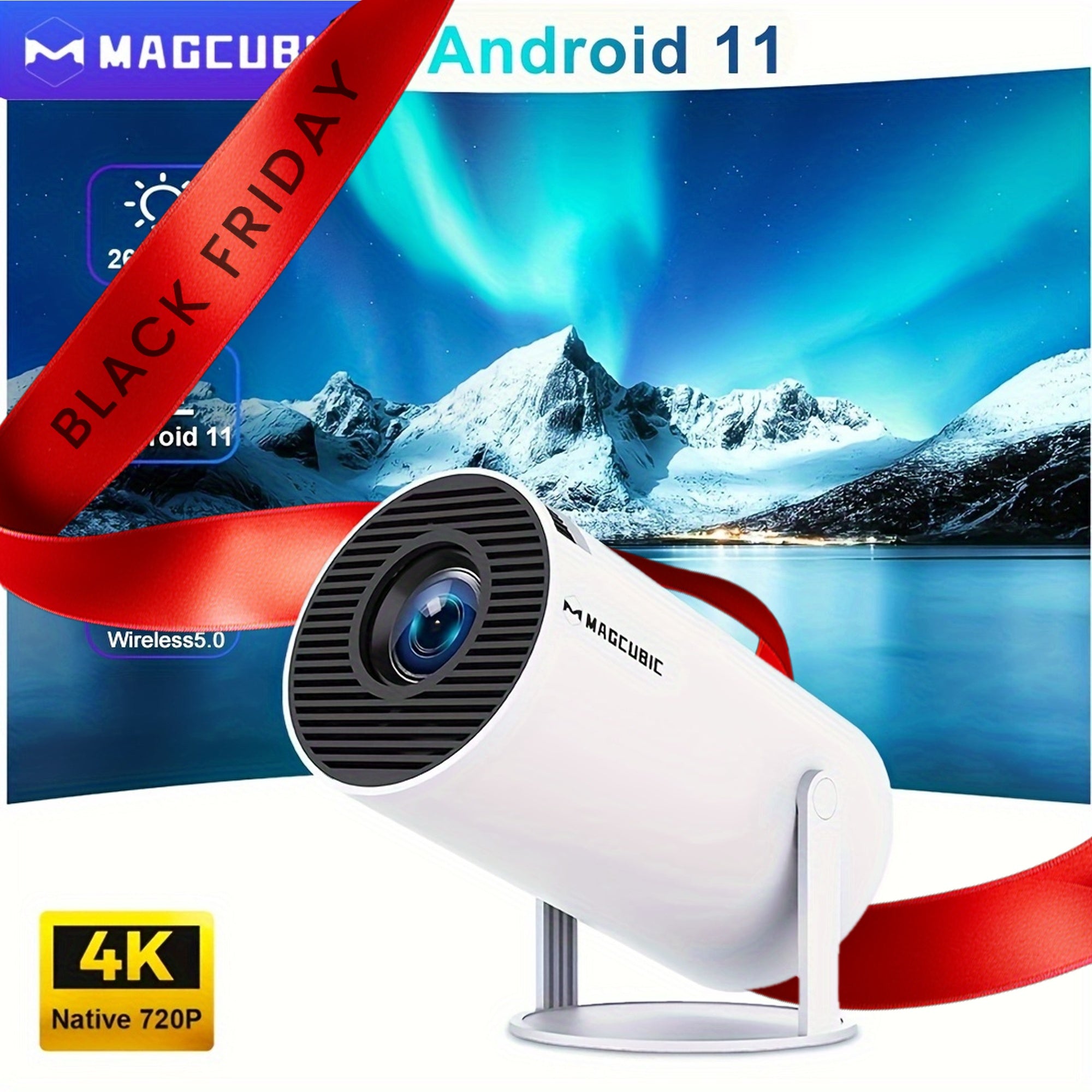 Portable Android 11 Projector with WiFi6 720P HD 4K Auto Correction