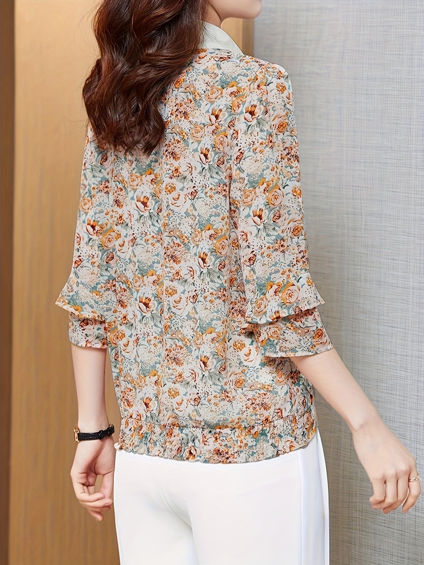 Блузка большого размера с цветочным принтом, элегантный воротник, многослойный топ с рукавами 3/4
