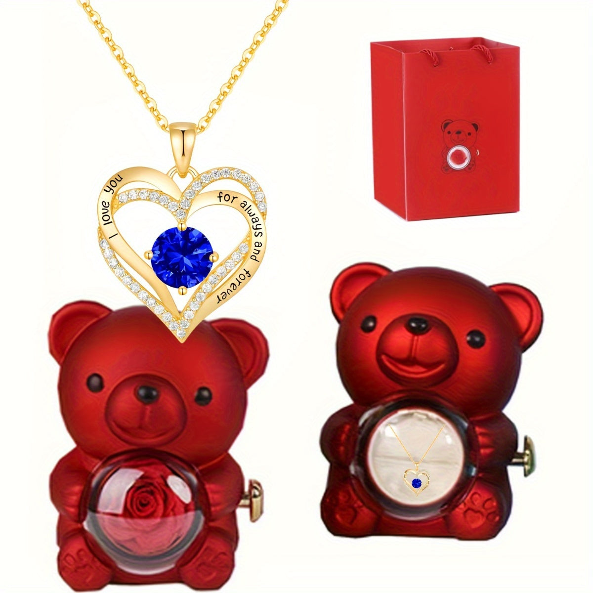 Women’s Gold Plated Bear Pendant Necklace with Rose and Cubic Zirconia December Birthstone