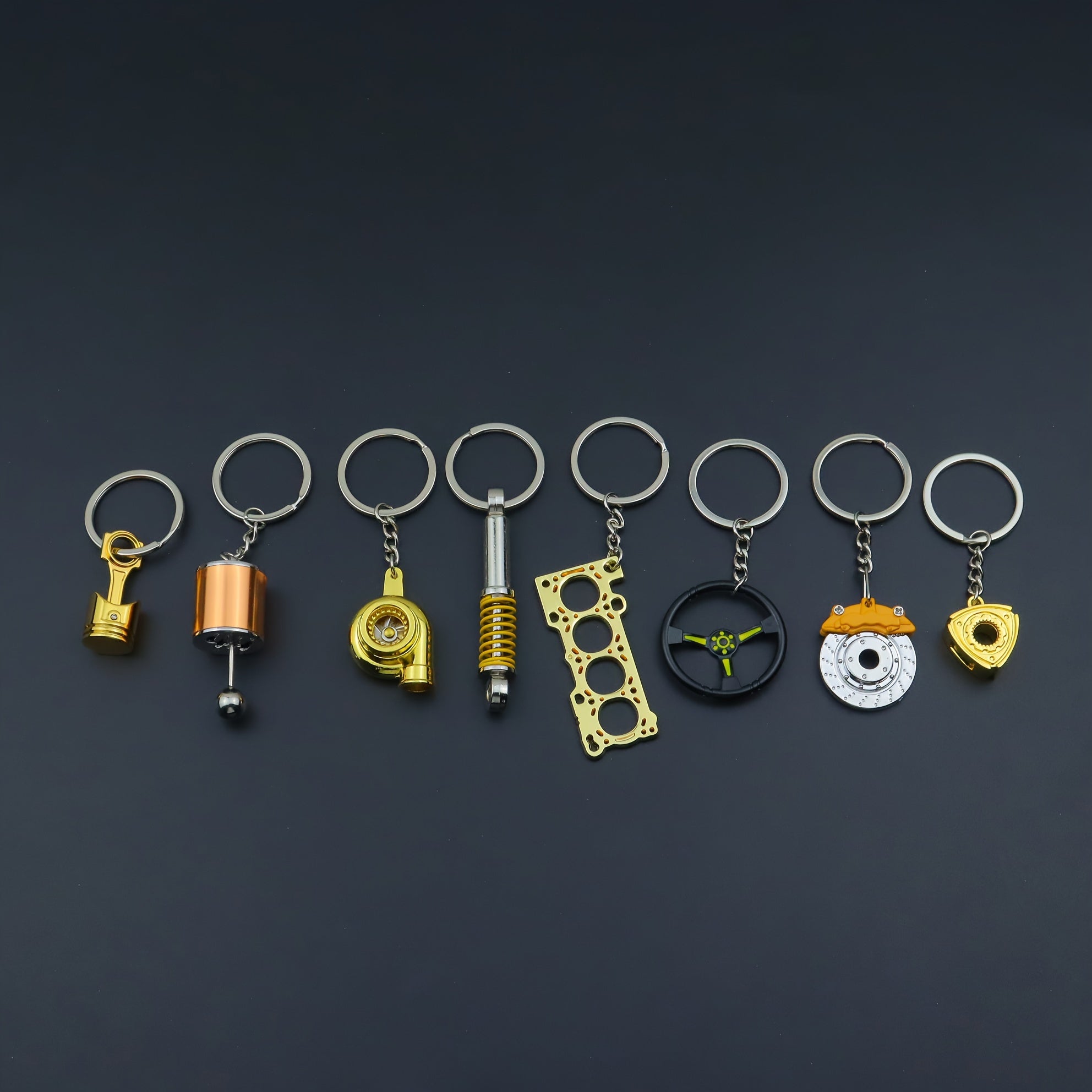 Car Keychains Piston Brake Disc Gear Turbocharger Engine Blade Steering Wheel Accessories