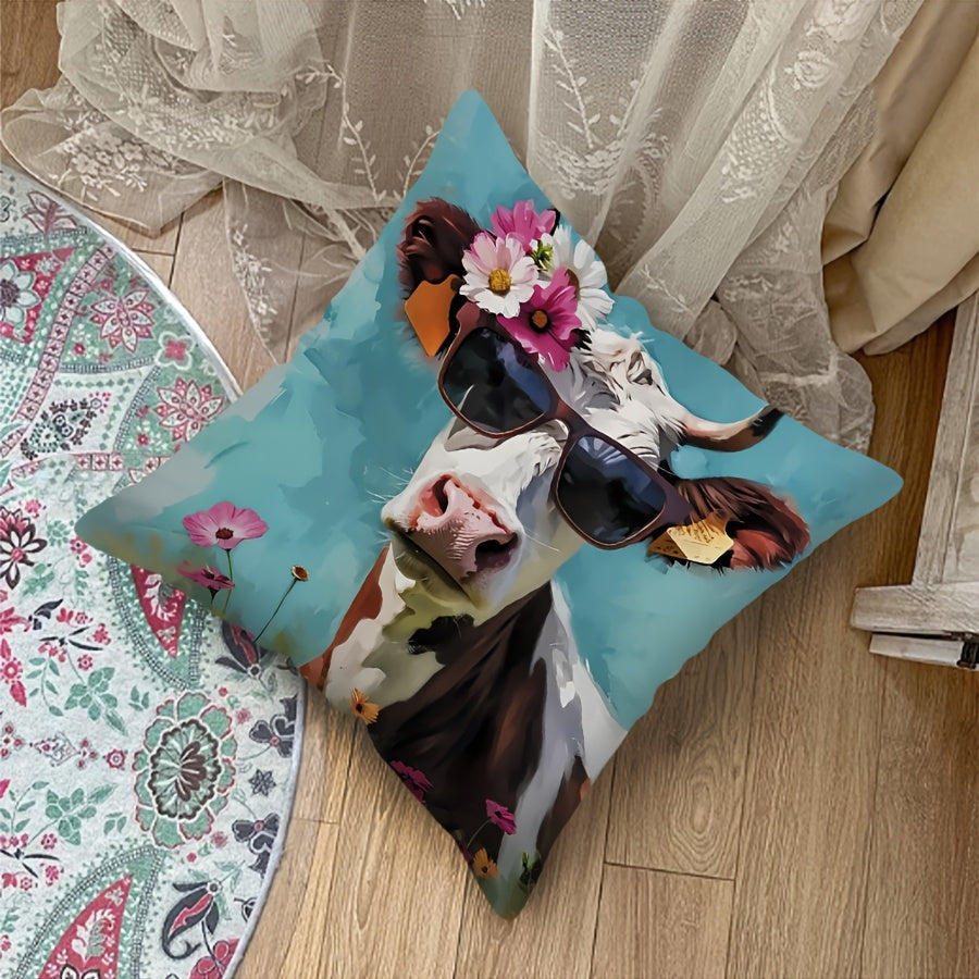 Vintage Floral Cow Cushion Cover 44.96x44.96 cm Polyester Zippered Washable Decorative
