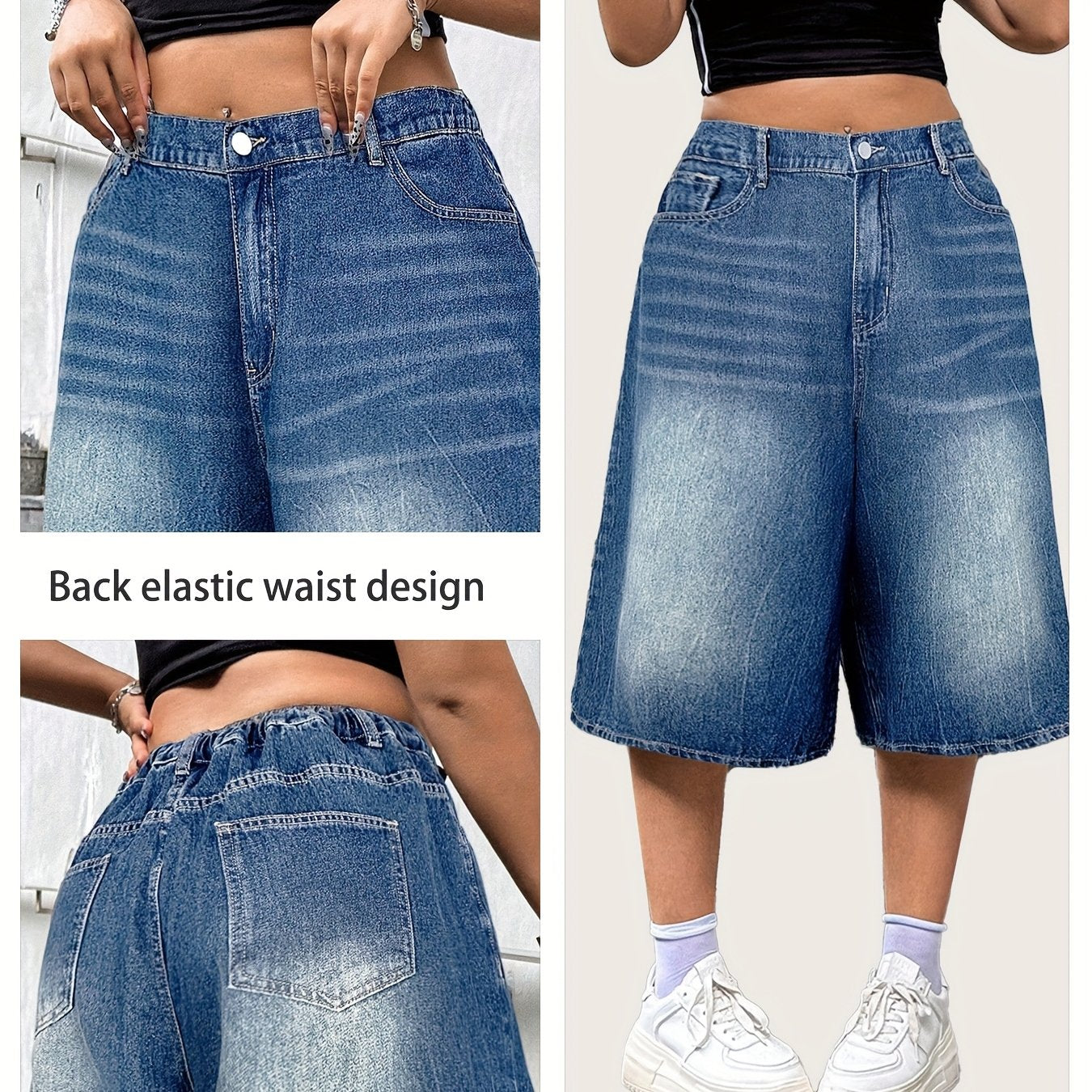 Plus Size Women's Denim Shorts Elastic Waist Casual Baggy Fit