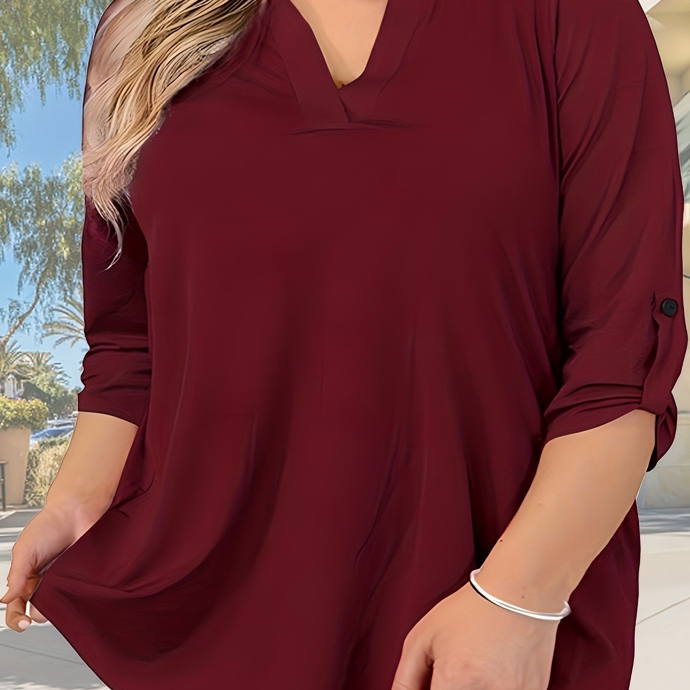 Plus o'lcham ayollar uchun to'liq rangli roll-up ko'ylakli T-shirt, kundalik notched bo'yinli top