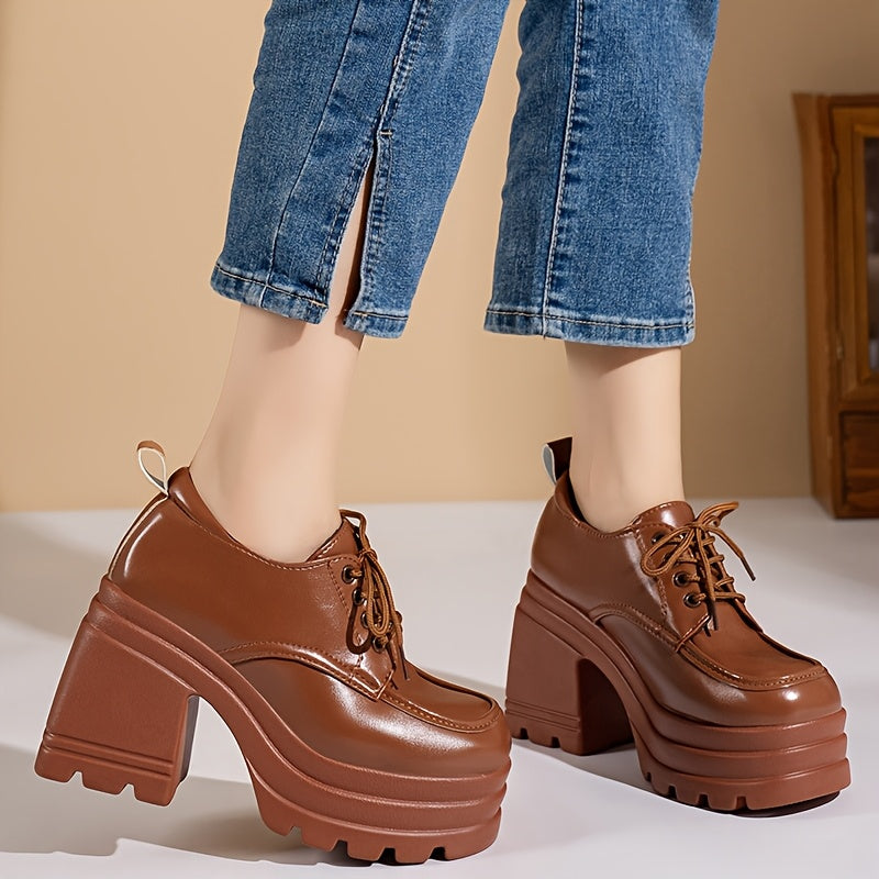 Women's Chunky Heel Lace-Up High Heels Brown Synthetic Rubber Sole