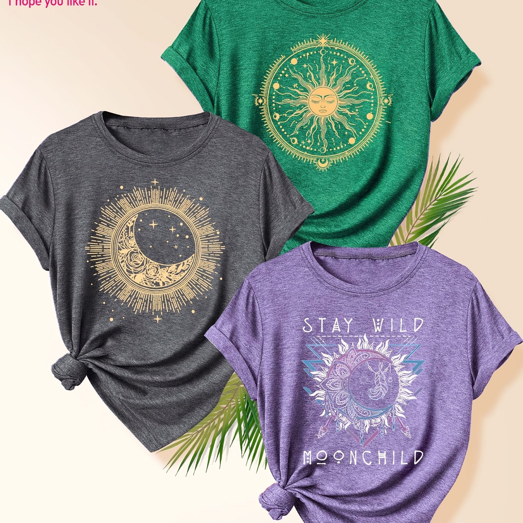 Women's 3 Pack Vintage-Inspired Sun & Moon Graphic T-Shirts Short Sleeve Polyester Blend