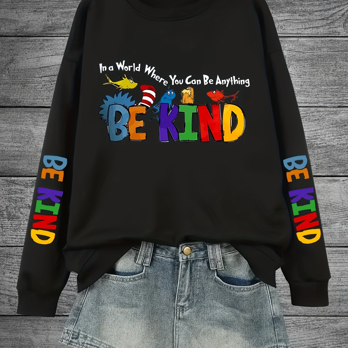 Plus Size Animal Alphabet Print Sweatshirt Casual Crew Neck Pullover Polyester Knit Fall Winter Cozy Top