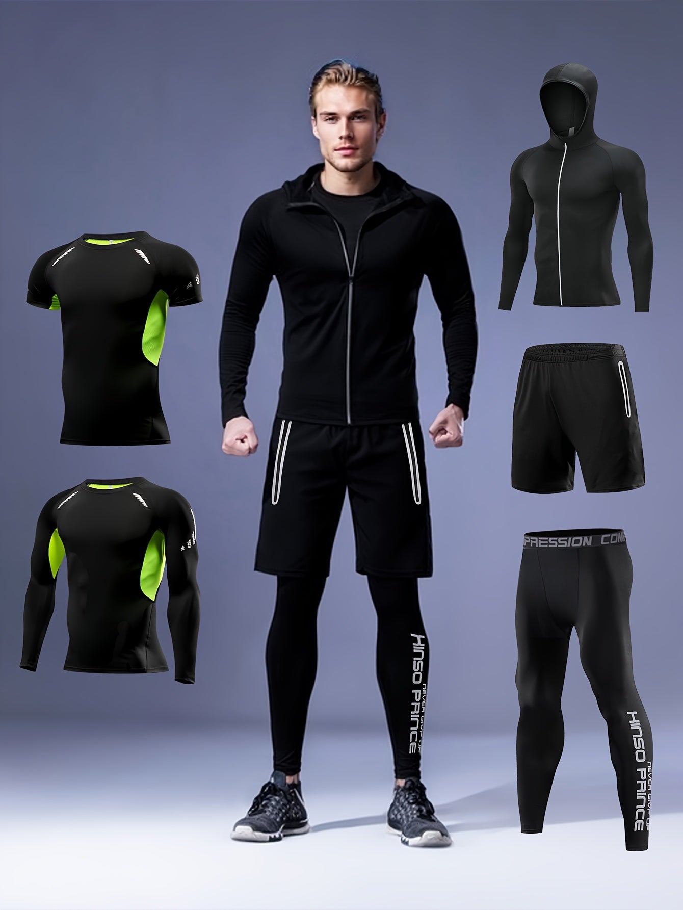 Men's Athletic Sportswear Set 5 Pieces Polyester Knit Skinny Fit Zipper Hooded Jacket Tops Pants