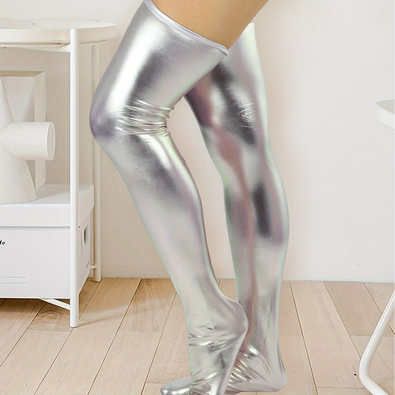 Reflective Gold Over-the-Knee Socks in Shiny PU Material