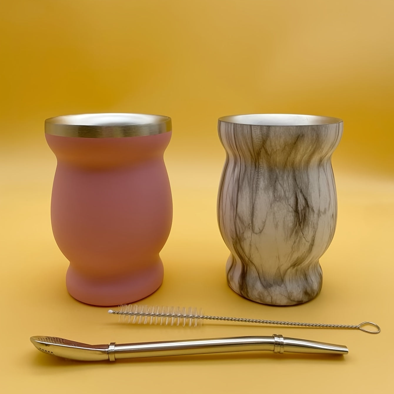 Set of 3 Stainless Steel Double-Walled Yerba Mate Cups with Straws 8oz Pink Marble