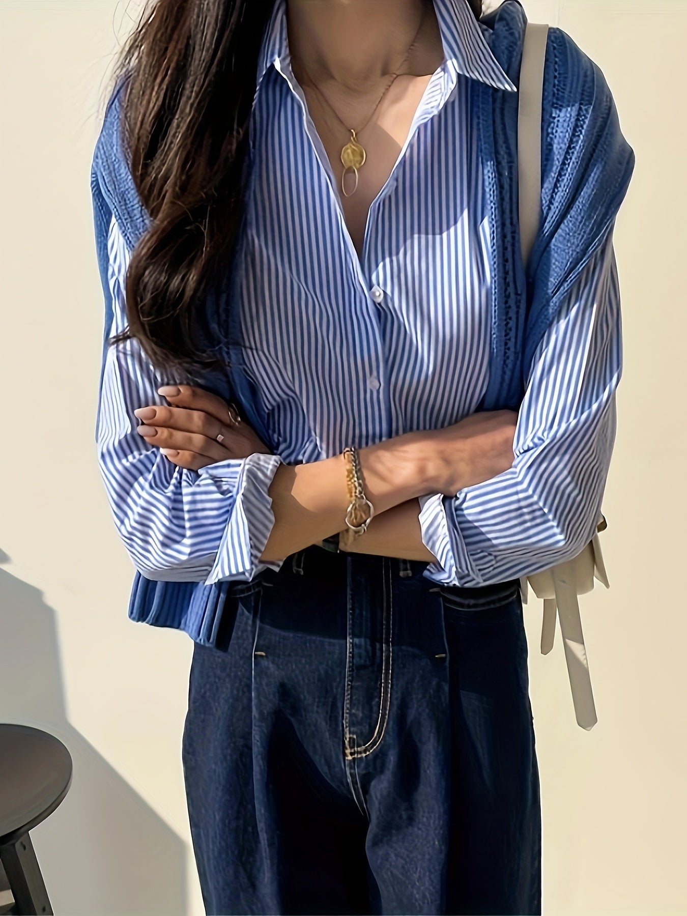 Women's Striped Button Front Long Sleeve Shirt for Spring and Fall