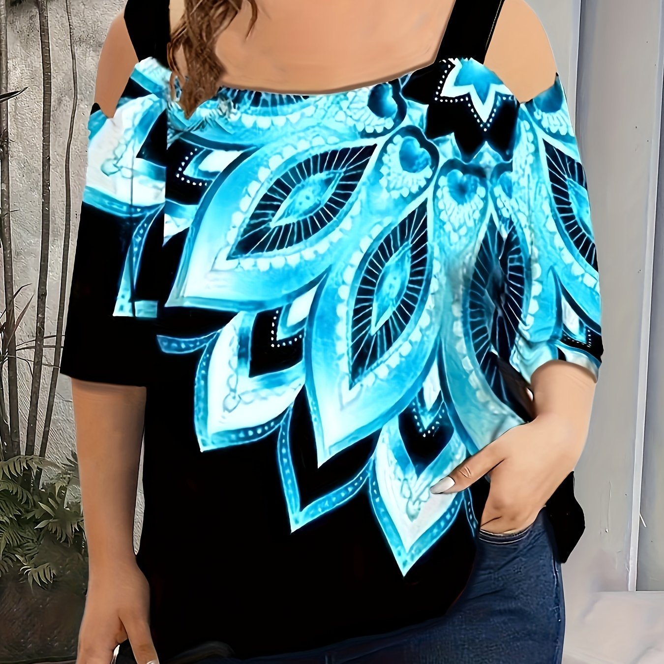 Plus Size Floral Print Cold Shoulder T Shirt for Women Spring Summer Casual Polyester