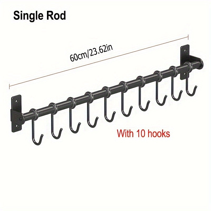 Wall-Mounted Steel Storage Rack with Hooks for Kitchen and Entryway Organizer