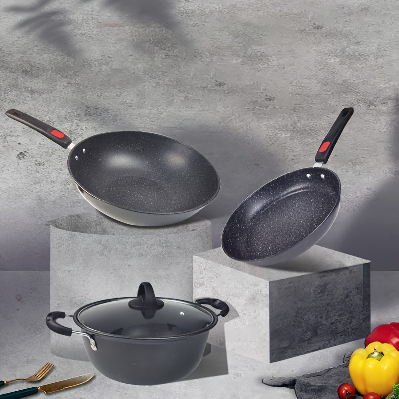 Set of 3 Cast Iron Cookware with Non-Stick Maifan Stone Coating Frying Pan Skillet Stock Pot