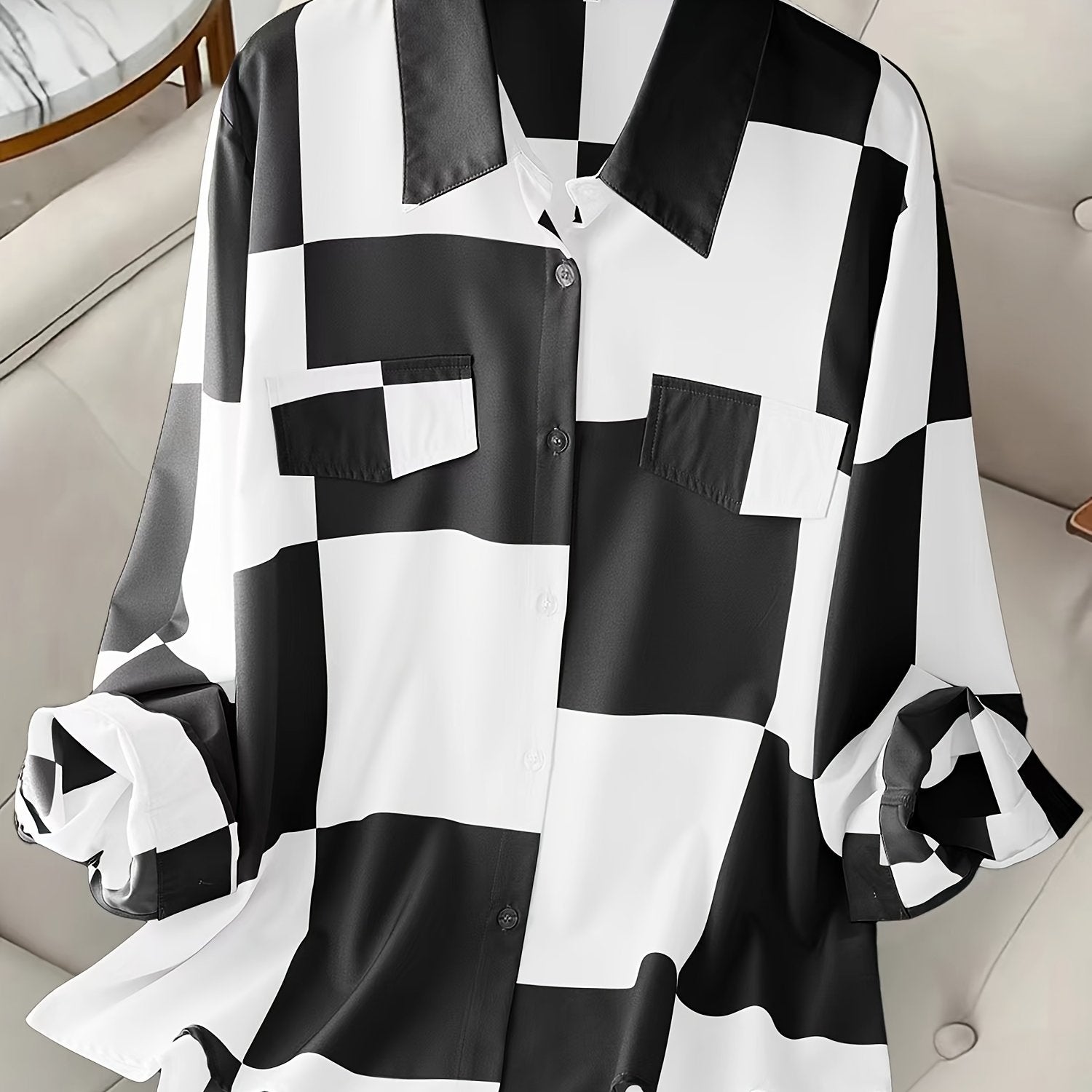 Plus Size Striped Plaid Button Front Shirt for Women Casual Spring Fall