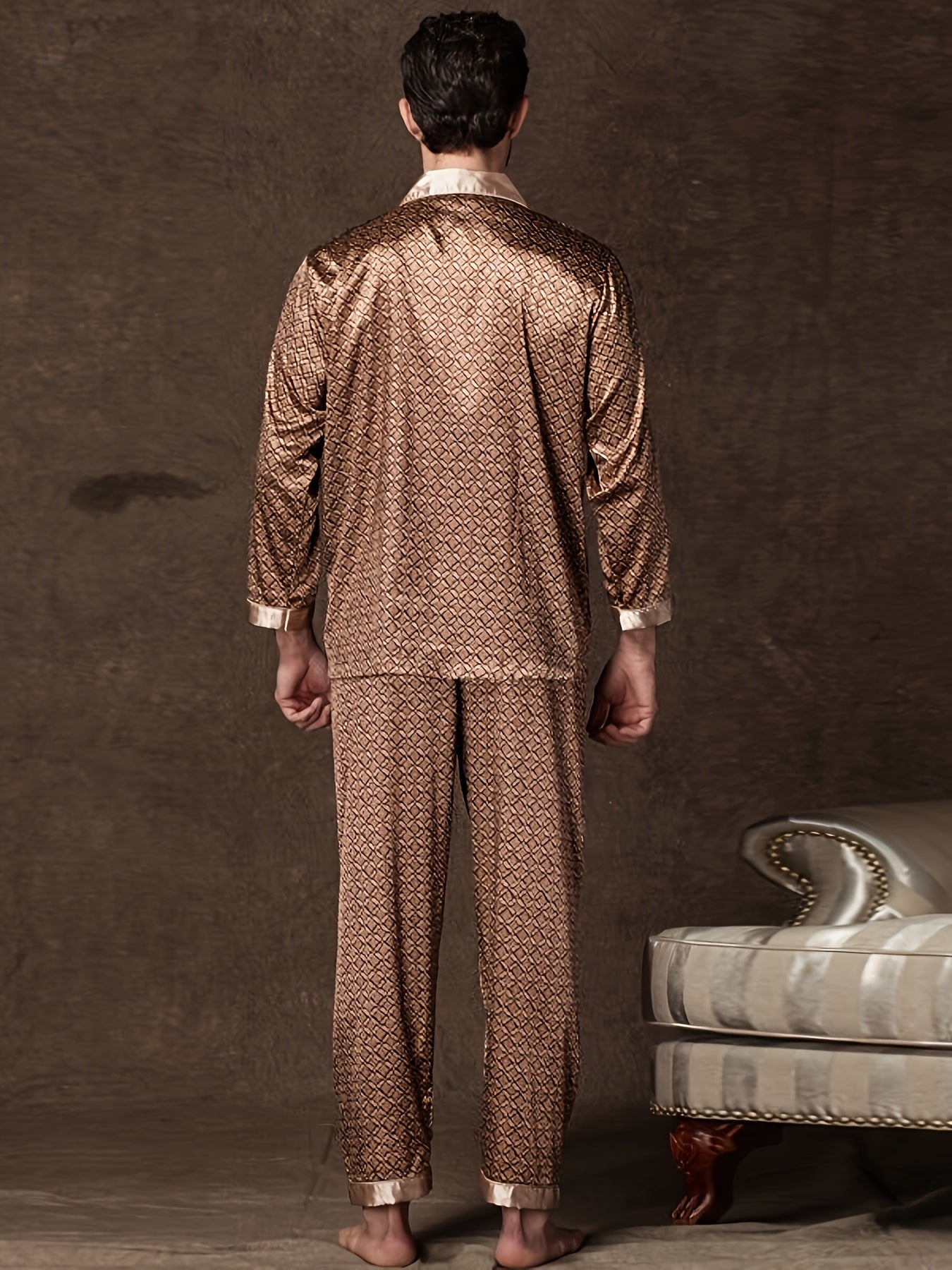 Men's Vintage Geometric Print Pajama Set Long Sleeve Trousers Lounge Wear Polyester