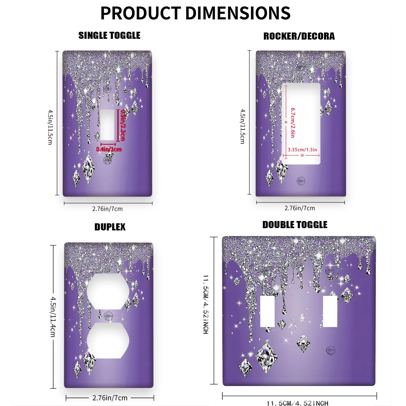 Purple Glitter Diamond Drip Light Switch Cover 1 or 2 Gang Ornate Design