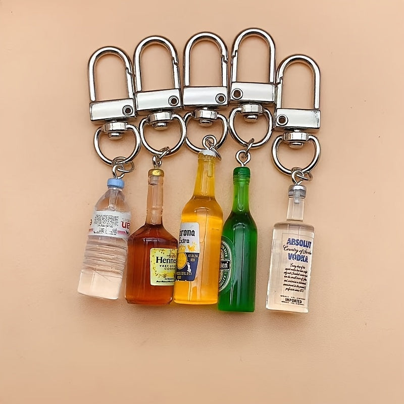 Set of 5 Miniature Resin and Alloy Beverage Bottle Keychains for Keys Phones Bags