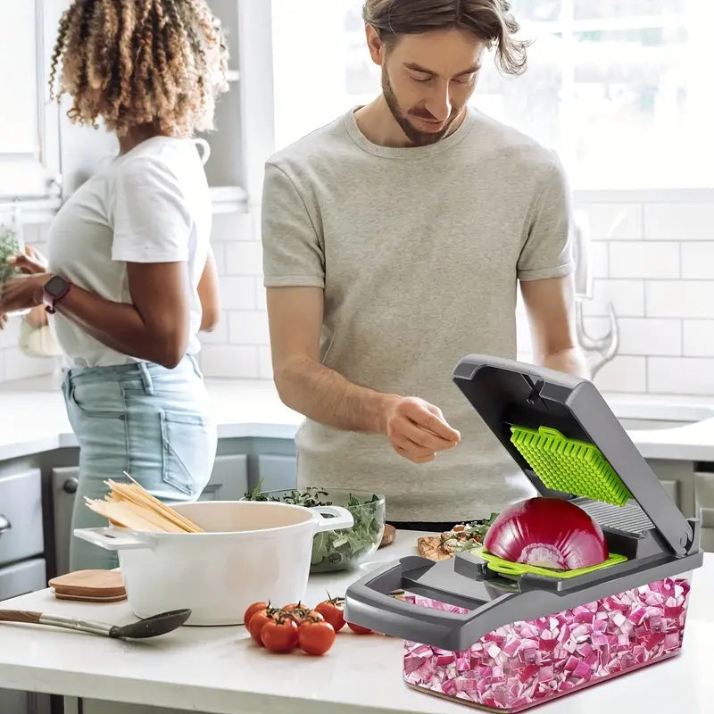 Juego de 16 piezas de cortador de verduras manual con cuchillas ajustables y cesta grande